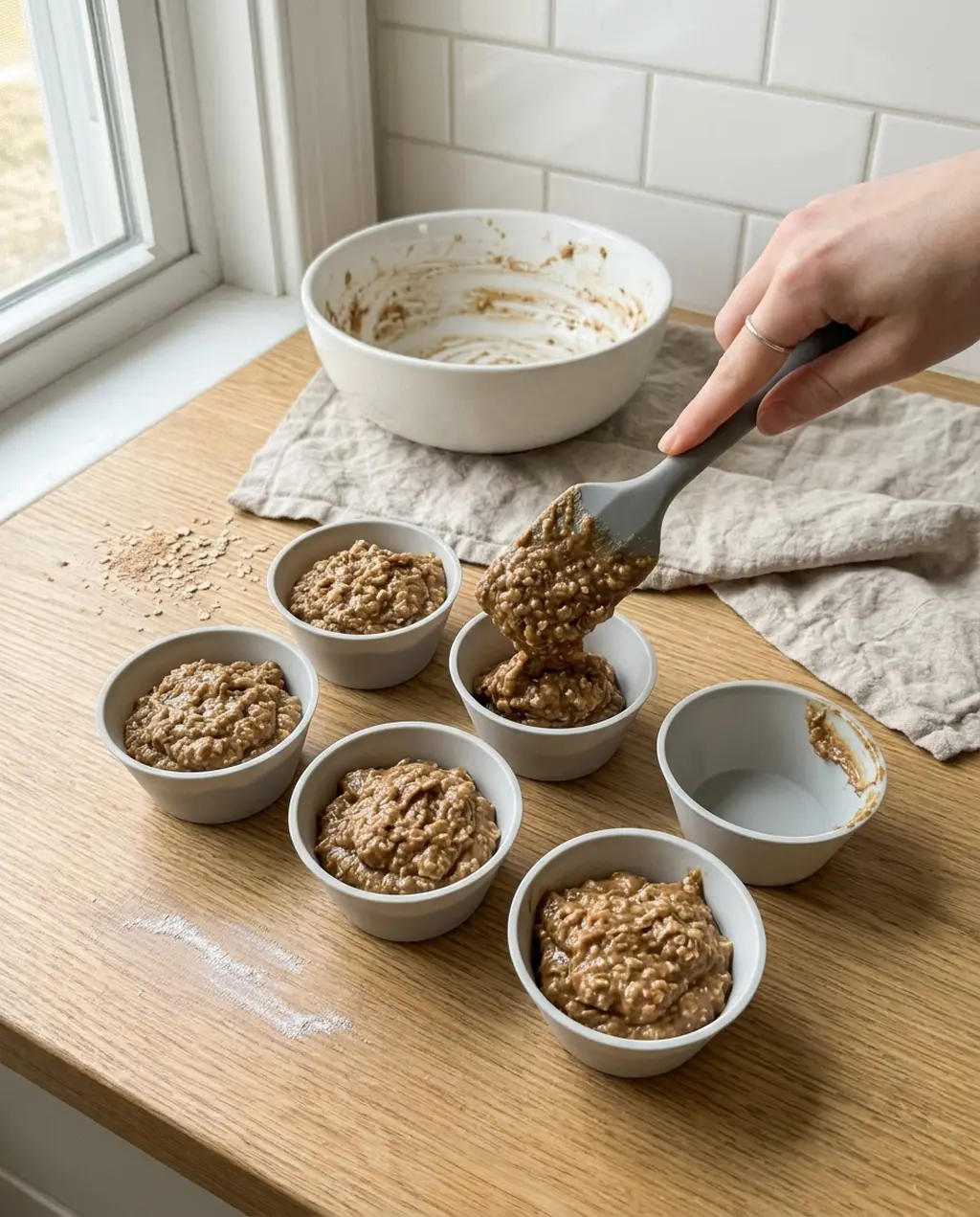 A hand spooning bran muffin batter into gray silicone baking cups set out on a wooden counter