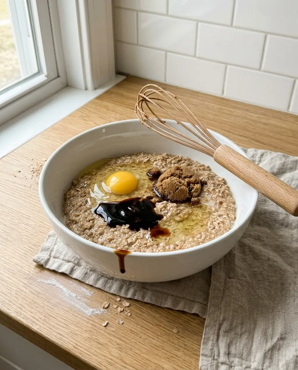 Soaked wheat bran in a white bowl topped with an egg, a pour of molasses, brown sugar and oil, waiting to be whisked