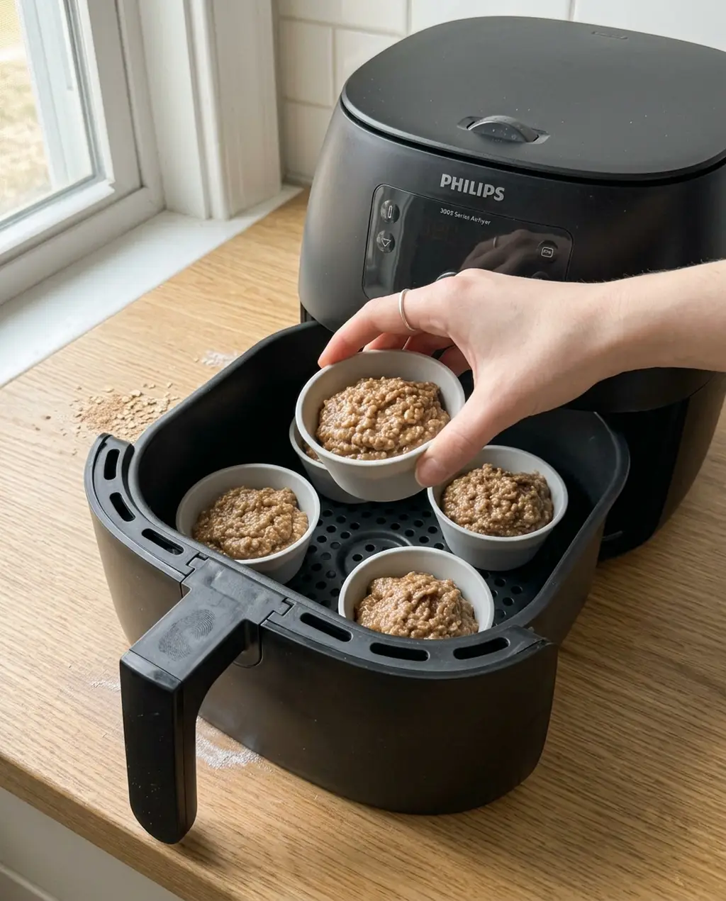 A hand setting a silicone cup of bran muffin batter into a Philips air fryer basket that already holds three filled cups
