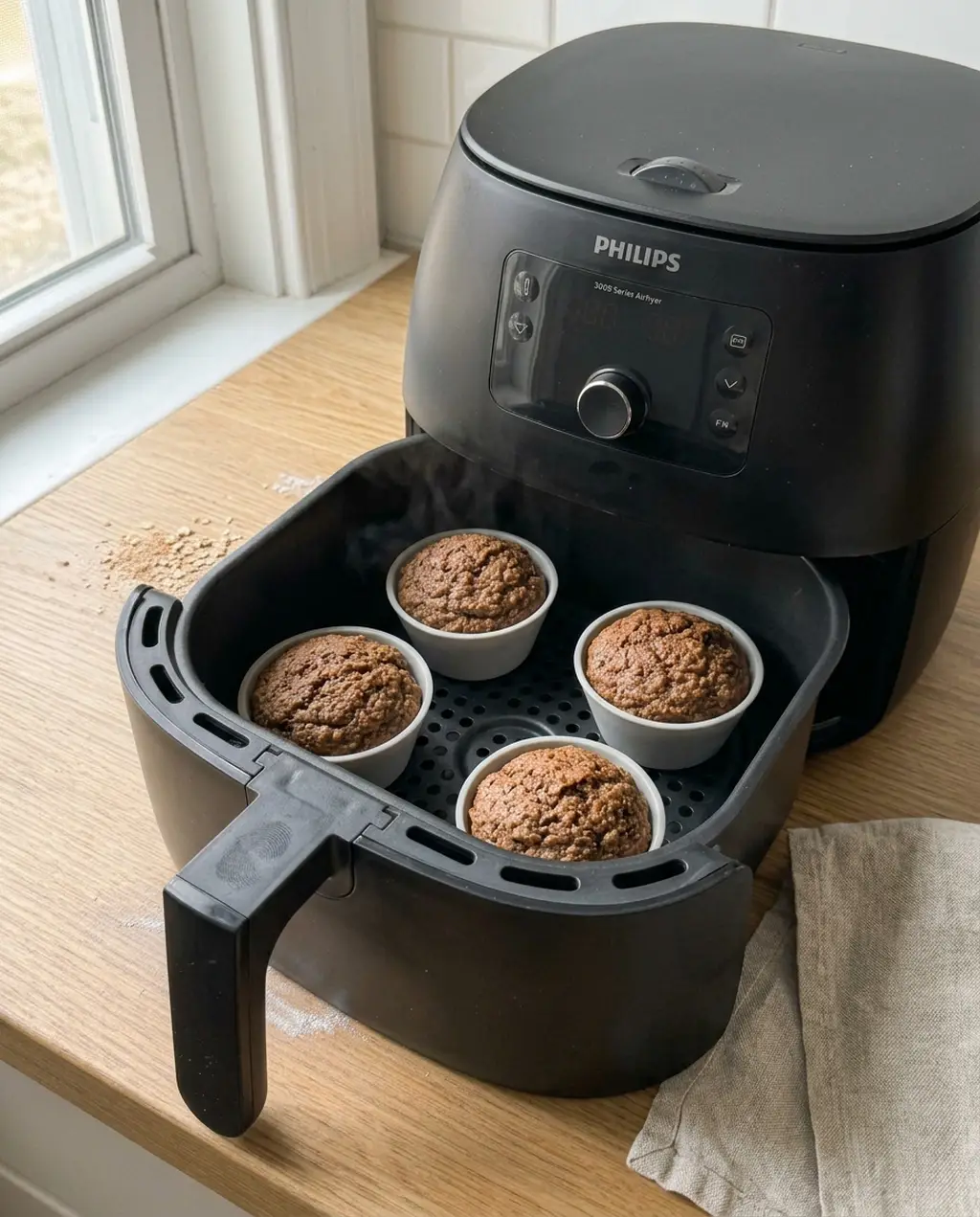 Four domed, dark brown bran muffins steaming in silicone cups in an open Philips air fryer basket