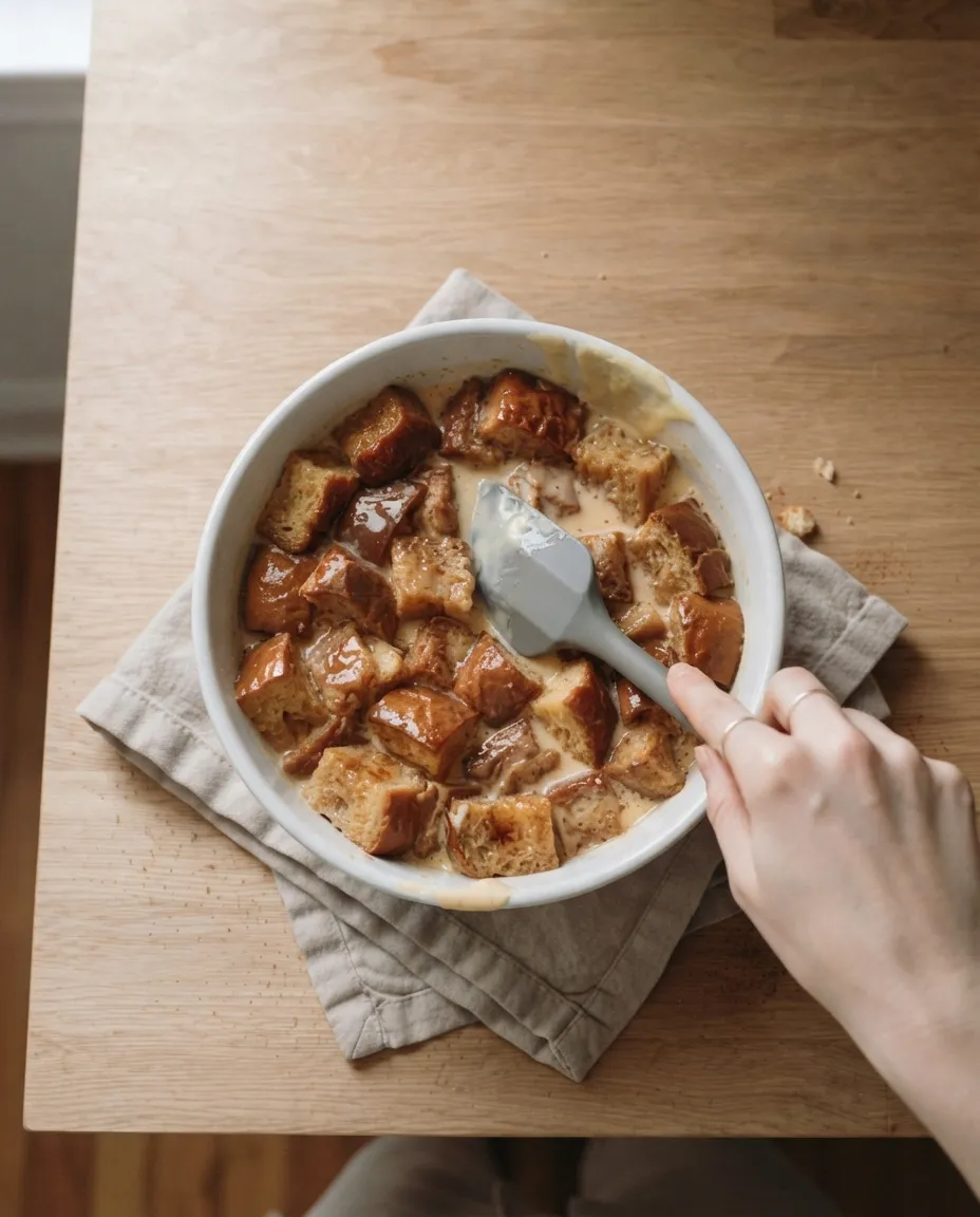 A spatula pressing bread cubes down into custard in a white bowl