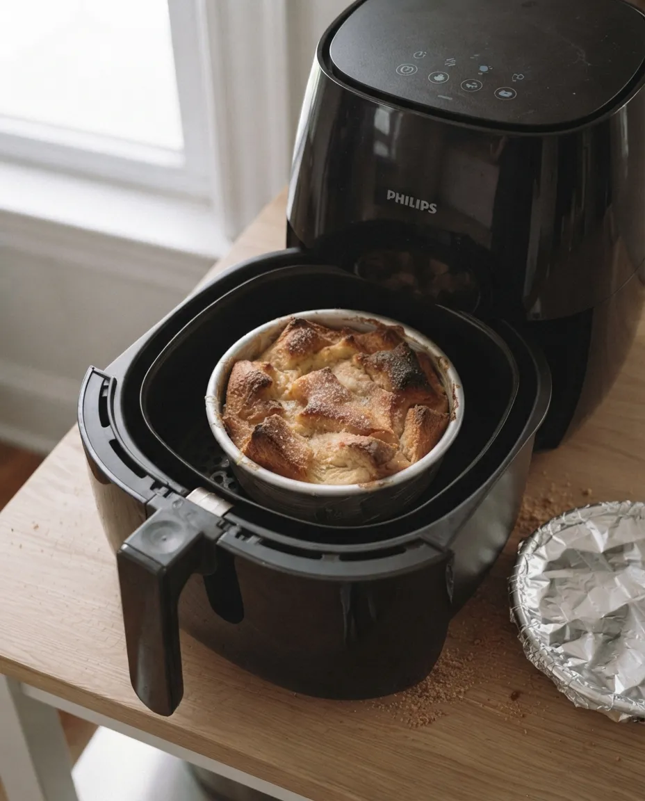 Bread pudding with deep golden peaks in a round pan in an air fryer basket, the foil lid set aside