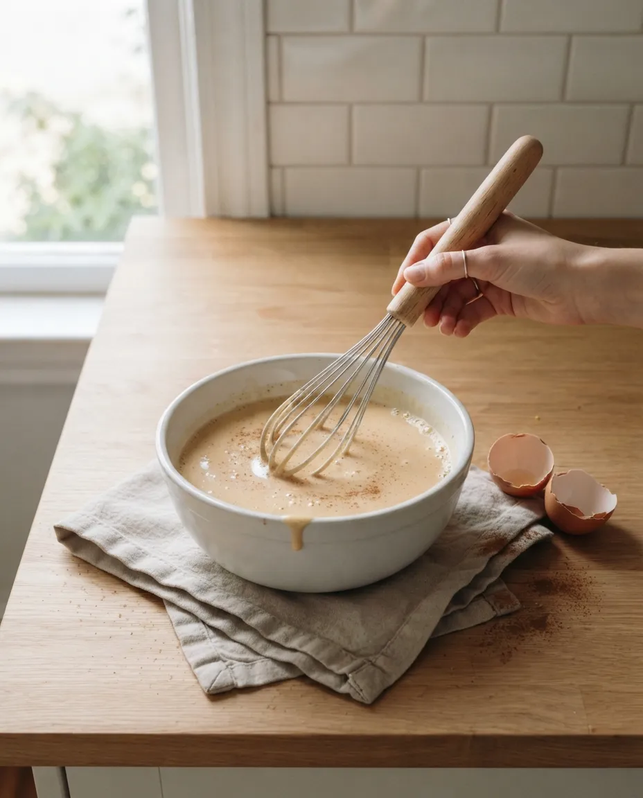 A whisk mixing a cinnamon-flecked egg and milk custard in a white bowl
