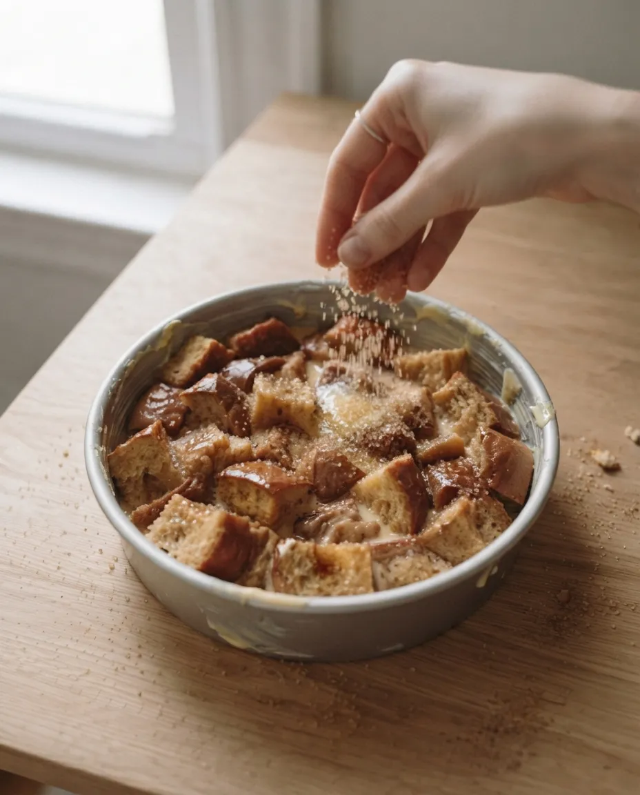 Fingers scattering turbinado sugar over soaked bread cubes in a round pan