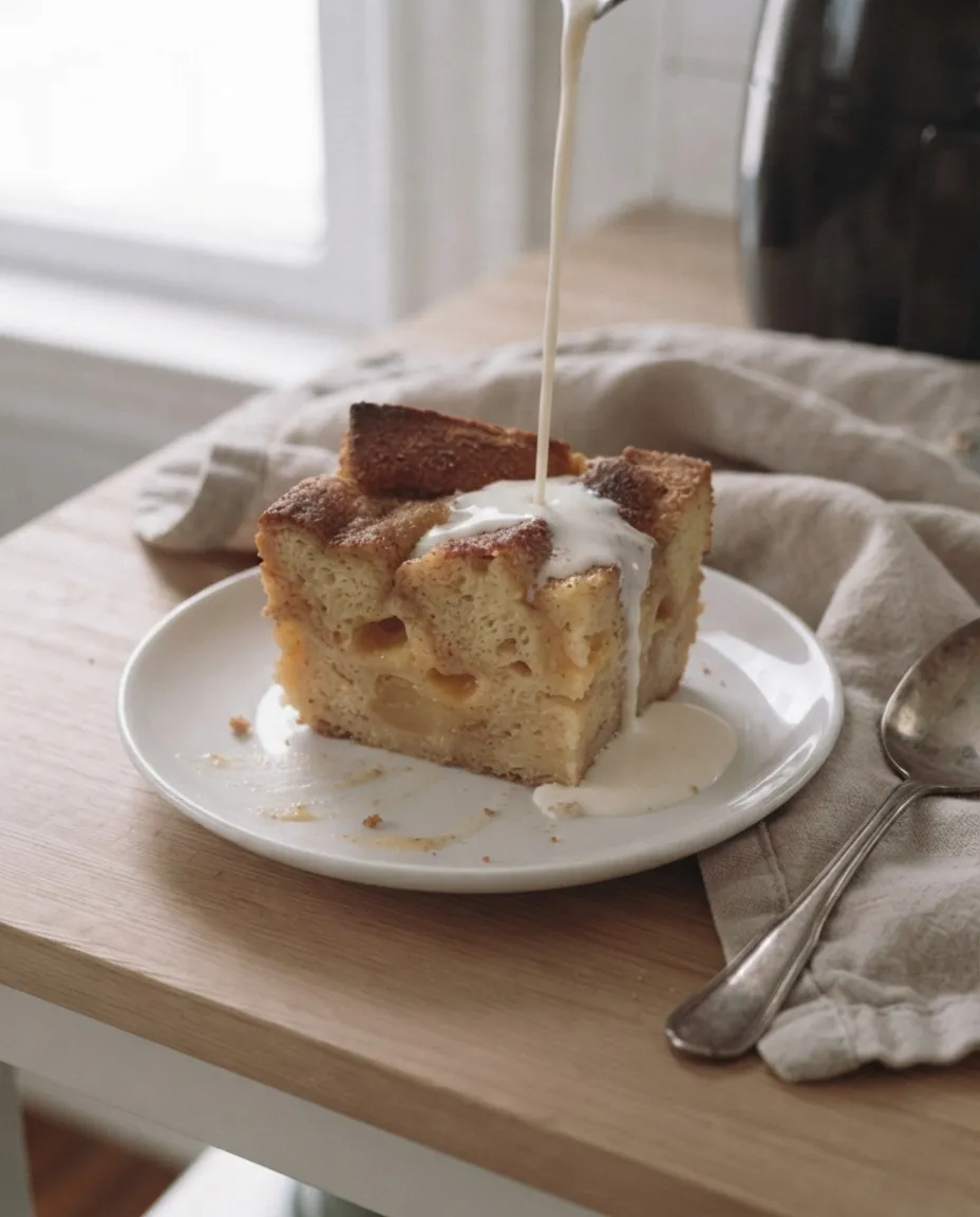 A square of bread pudding on a plate with cream being poured over its custardy center