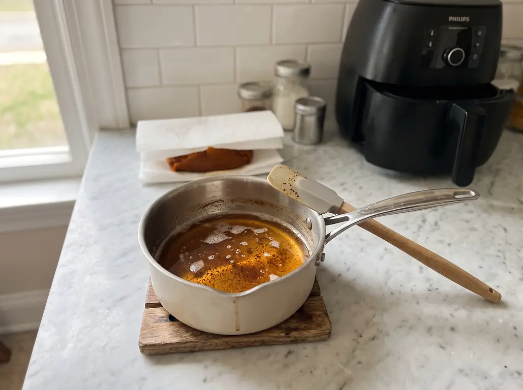 Butter browned to amber in a small saucepan with a spatula, the milk solids toasted and foamy, blotted pumpkin resting on paper towels behind