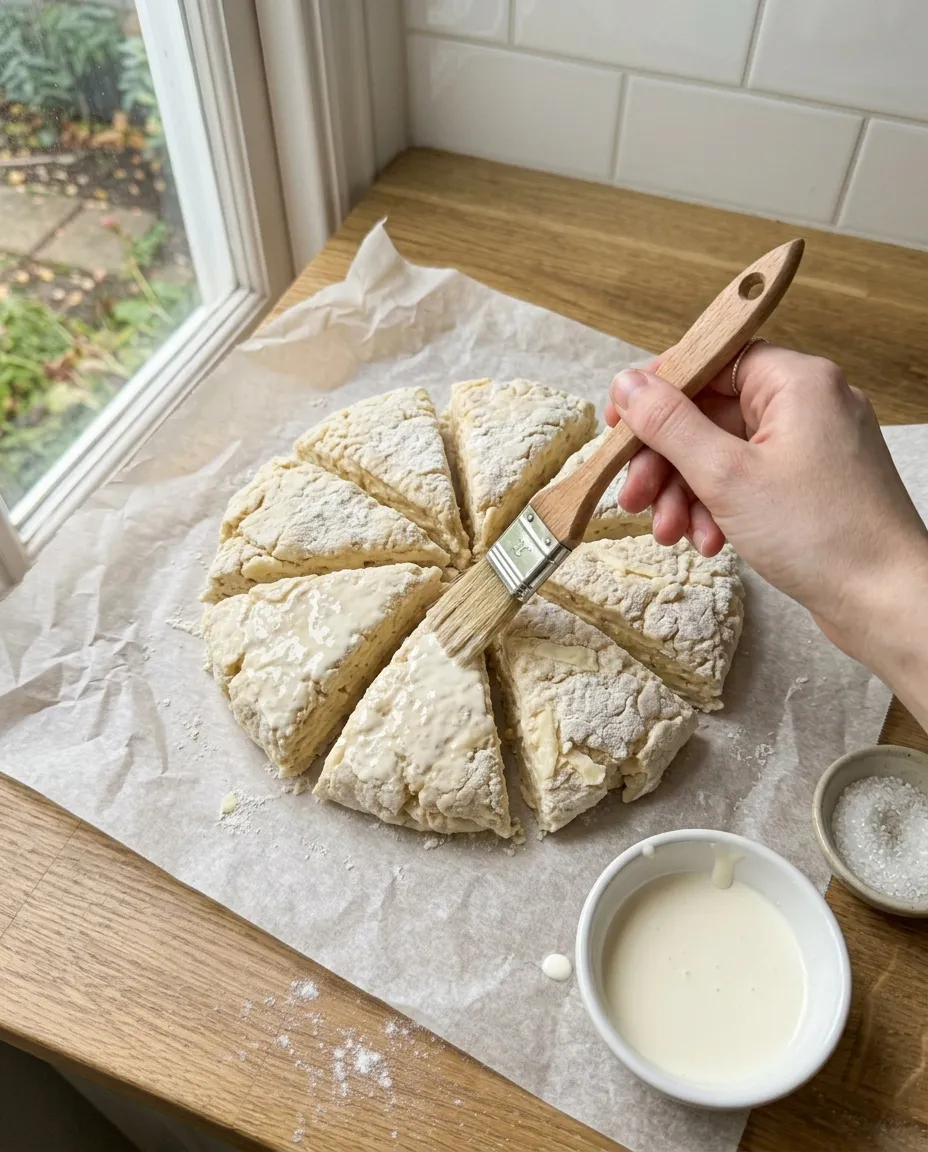 Brushing cream onto the tops of chilled scone wedges with a pastry brush