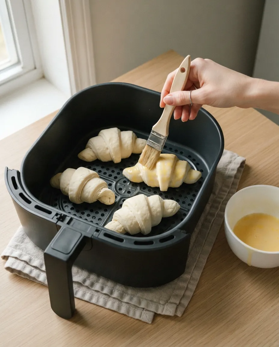 Brushing egg wash onto frozen croissants in the air fryer basket