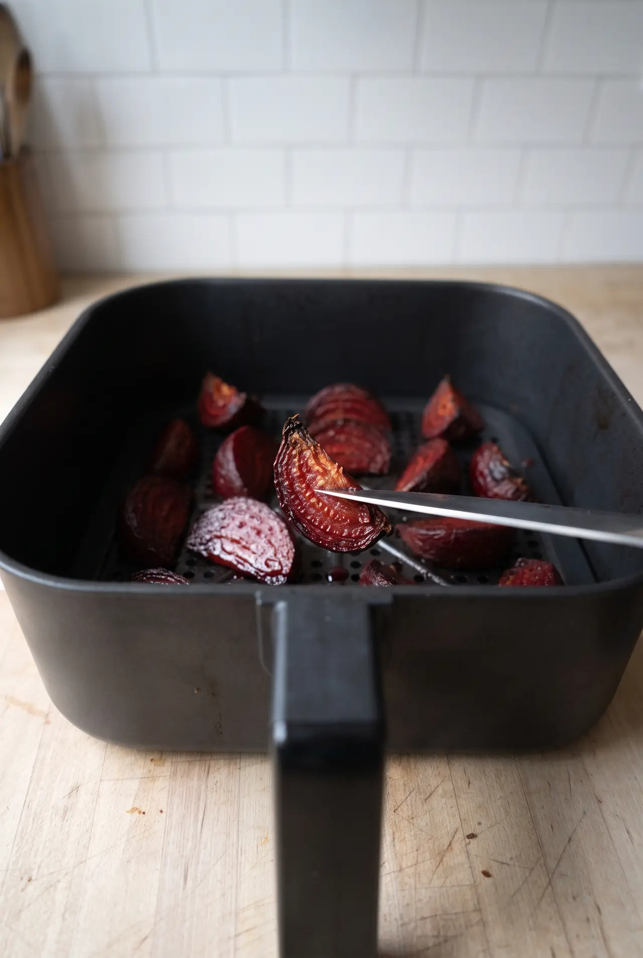 Close-up of caramelized air fryer beet wedges