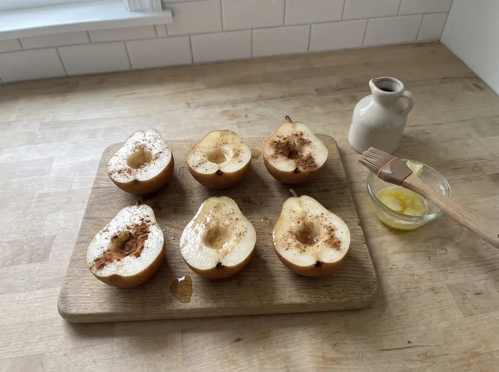 Six pear halves brushed with butter and maple, dusted with cinnamon, on a board
