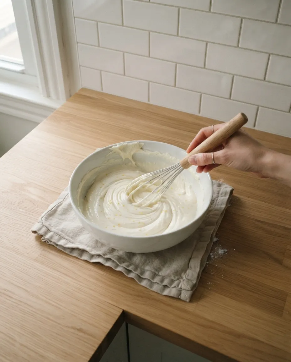 Whisking a smooth cream cheese filling flecked with lemon zest in a white bowl