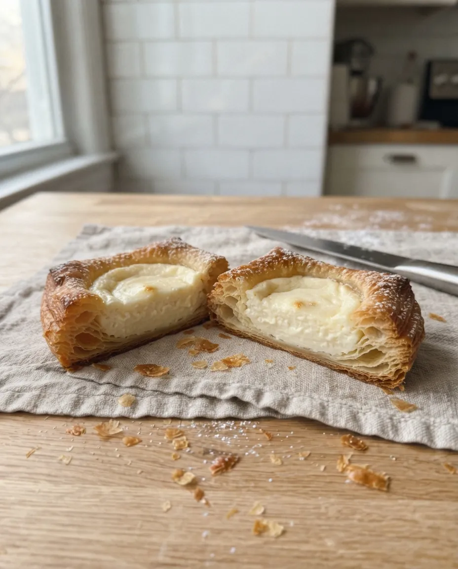 A cheese danish cut in half showing a thick, set cream cheese filling inside flaky puff pastry walls