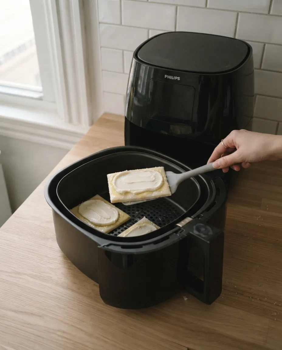 Lifting a cheese danish into the air fryer basket with a spatula