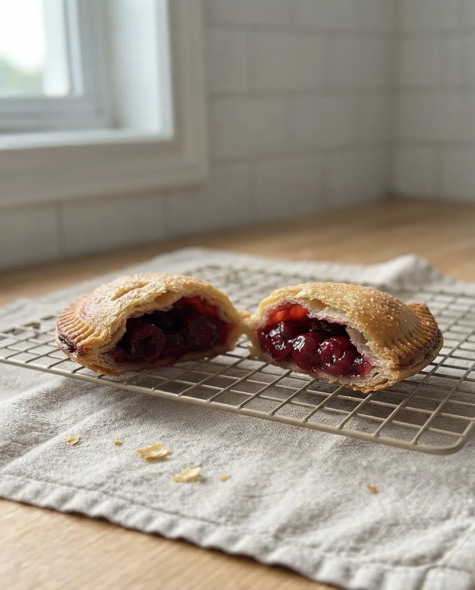 A cherry hand pie broken open to show thick cherry filling that stayed inside the flaky crust