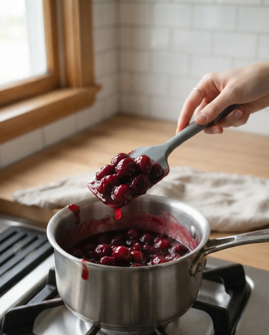 Glossy thickened cherry filling lifted on a spatula over a saucepan