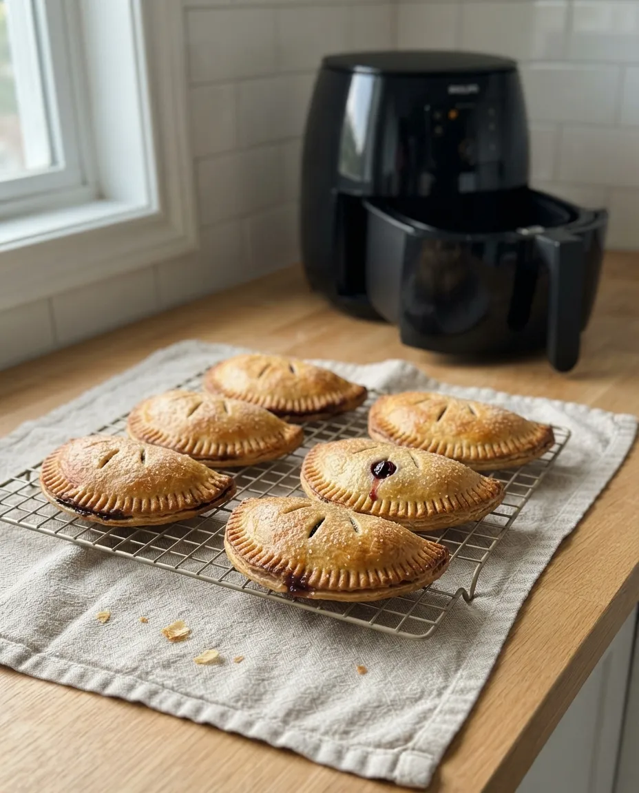 Six golden cherry hand pies cooling on a wire rack beside the air fryer