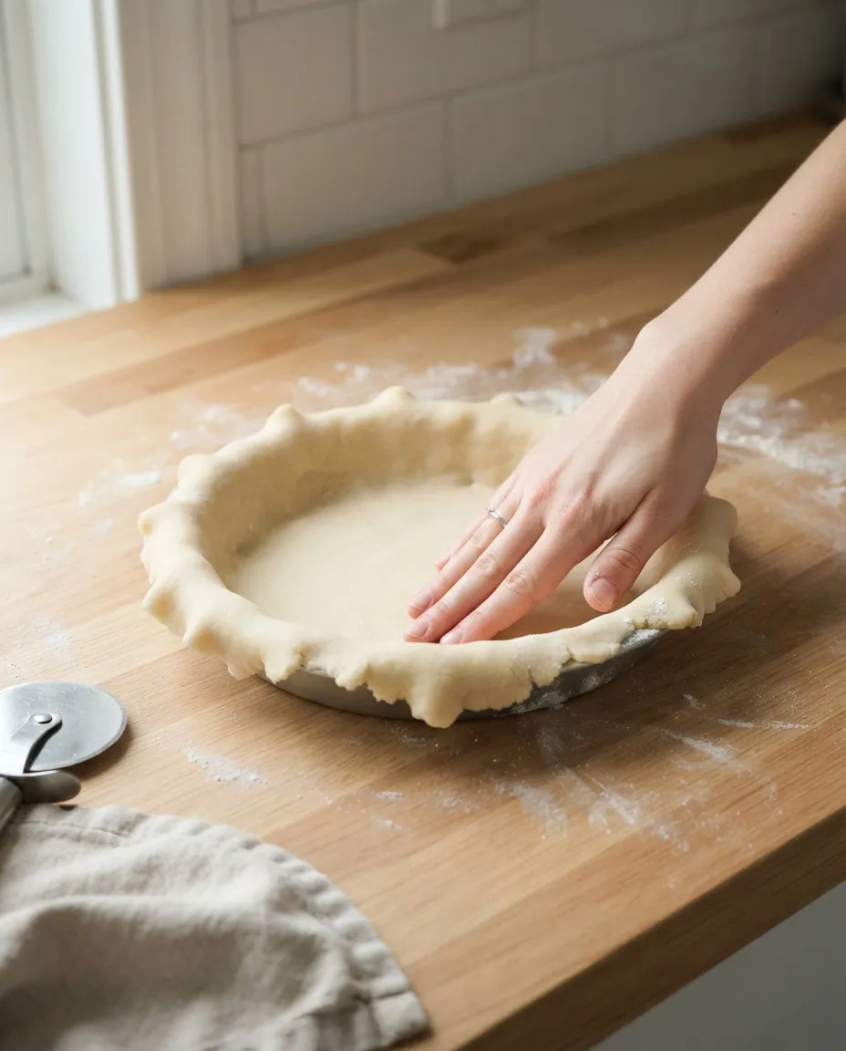 A hand pressing a bottom pie crust into a metal pie pan on a floured wood counter