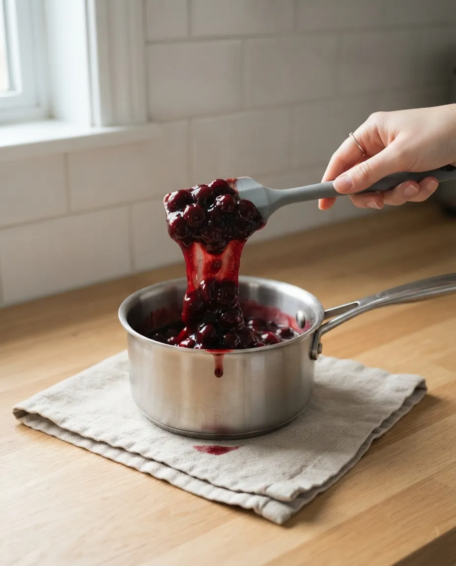 Thick, glossy cooked cherry filling being lifted on a spatula from a stainless saucepan