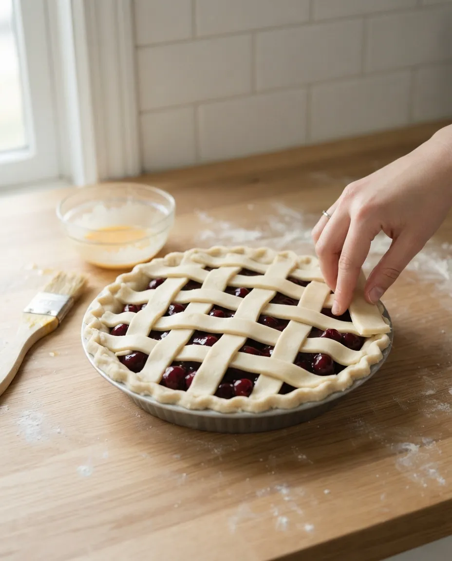 A hand pressing the ends of frozen lattice strips onto the egg-washed rim of a filled cherry pie