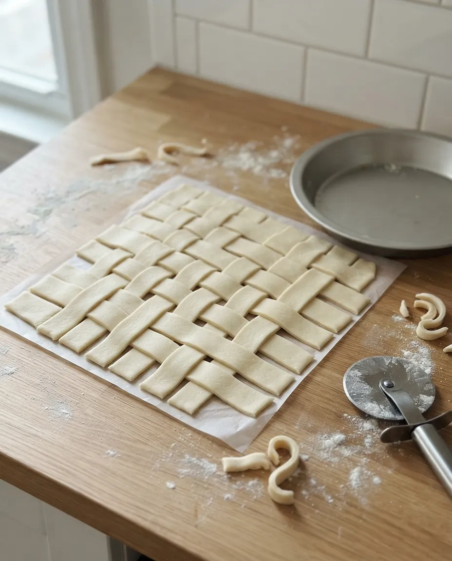 A raw pie-crust lattice woven over-under on a square of parchment, a metal pan and pastry wheel alongside