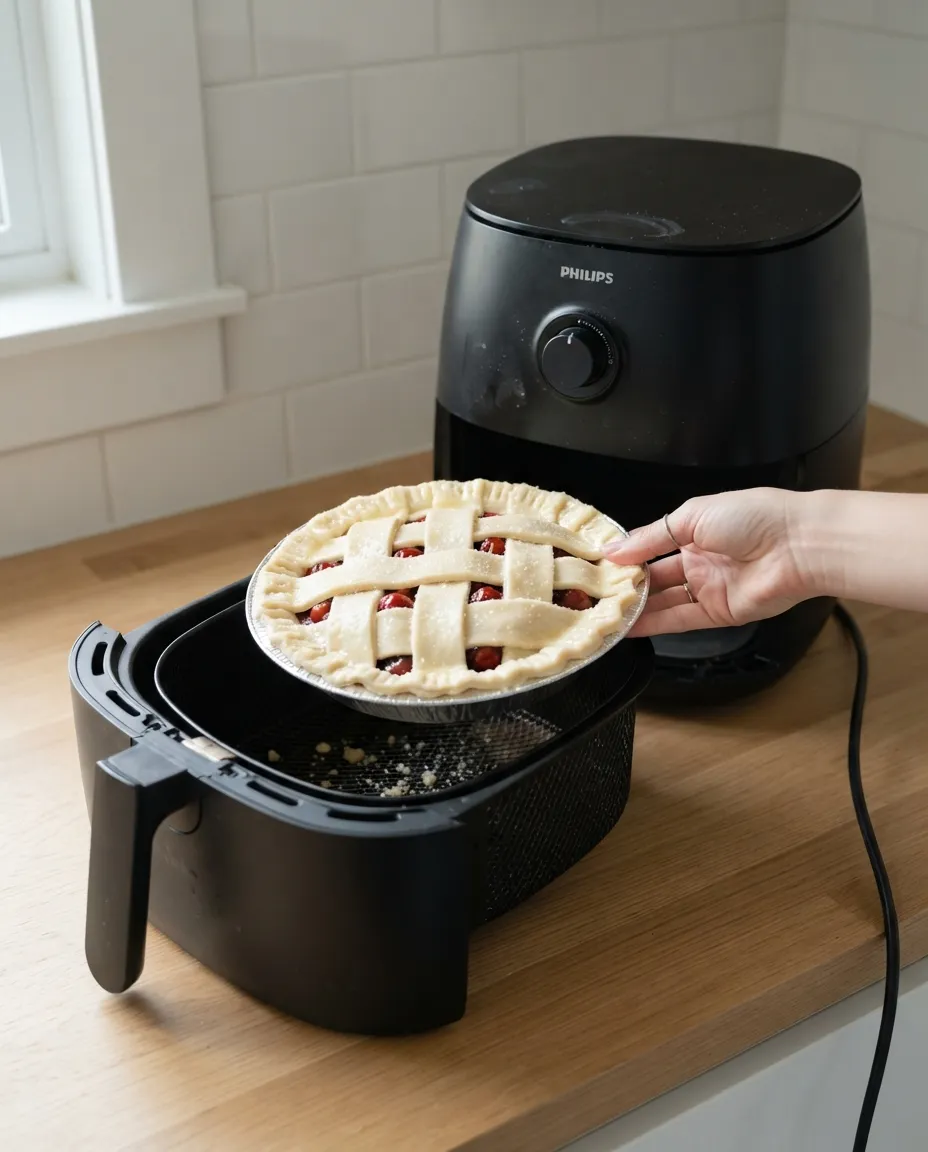 A hand lowering an assembled raw lattice cherry pie in a foil pan into the basket of a Philips air fryer