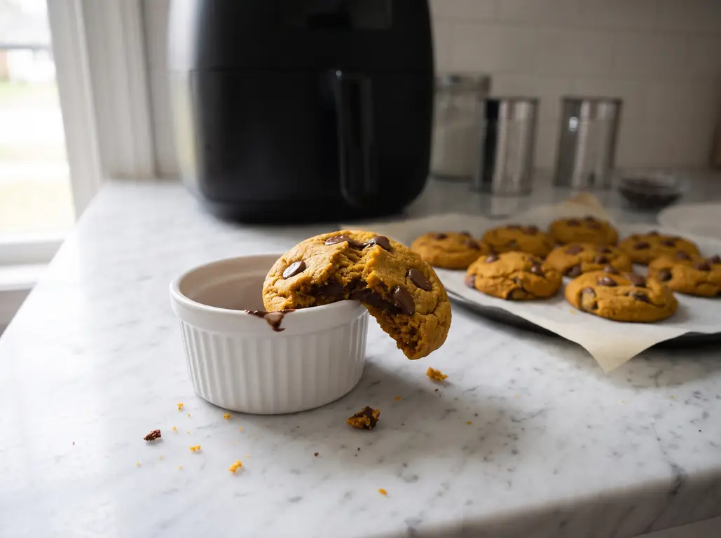 A chewy pumpkin chocolate chip cookie propped on a ramekin and bent to show its soft, dense center and melty chocolate, a tray of cookies behind