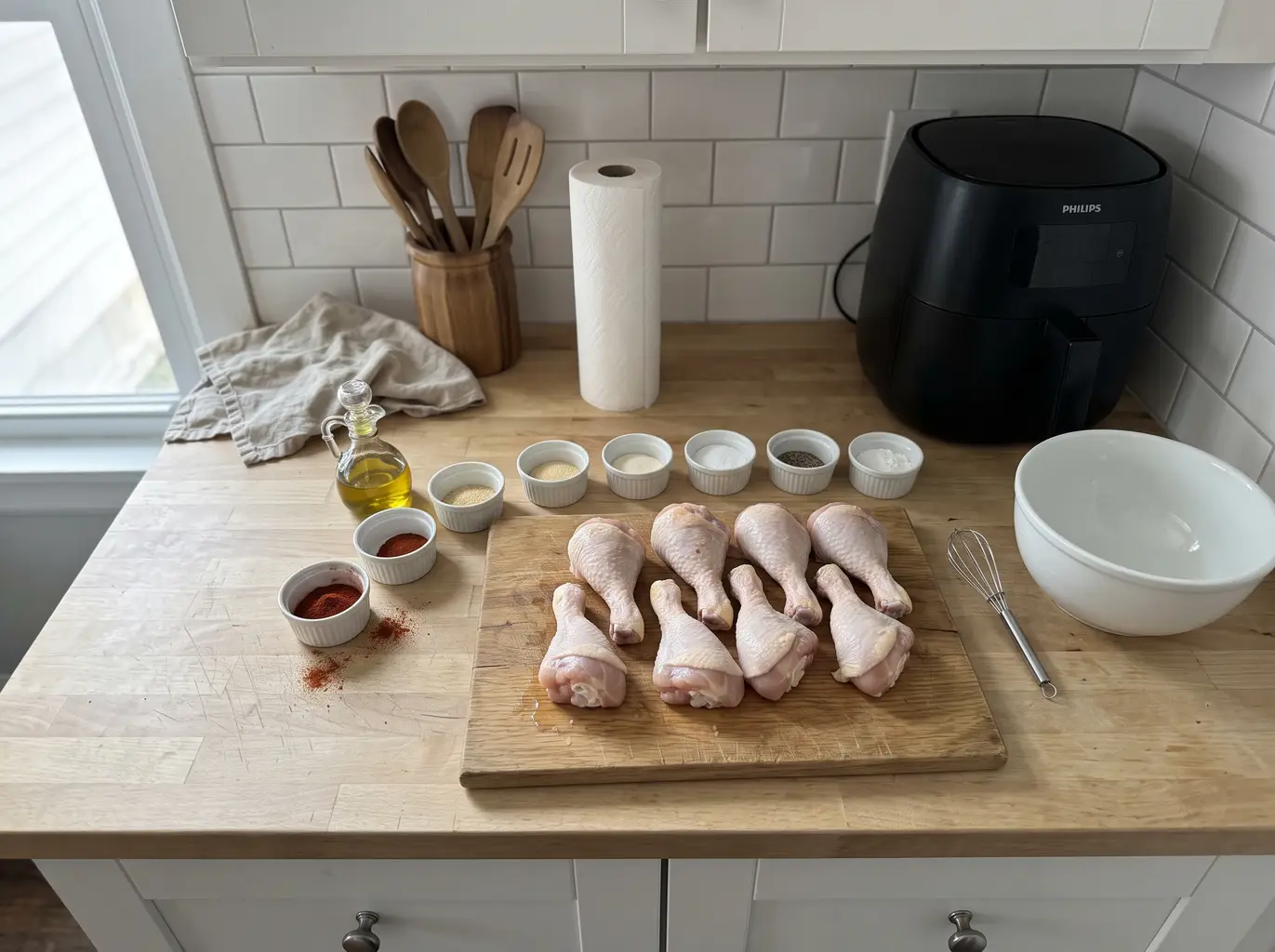 Raw chicken drumsticks with oil and spice rub ingredients laid out on a counter