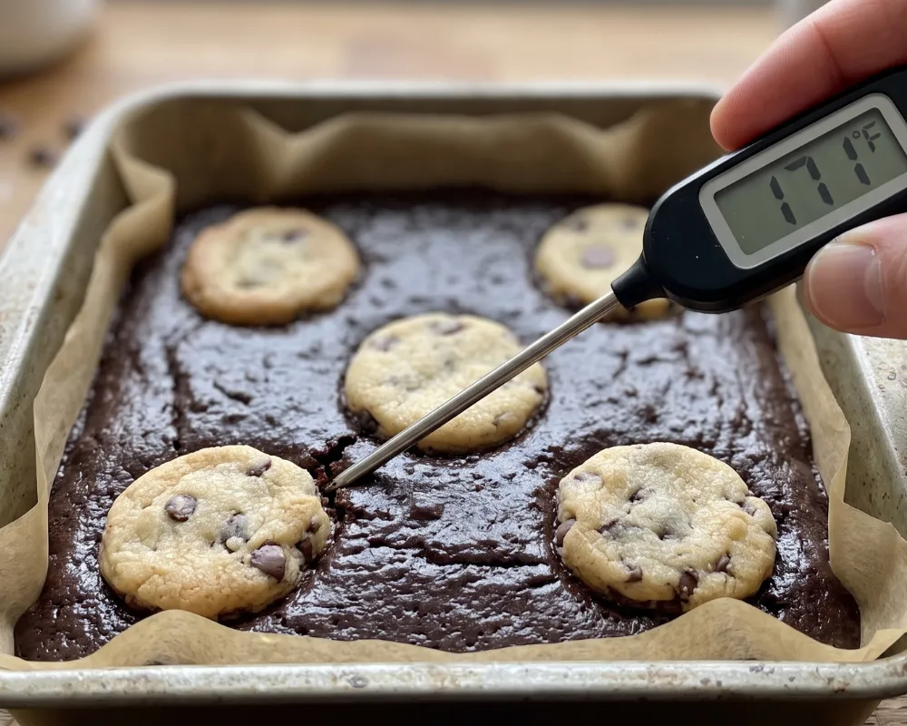 An instant-read thermometer angled into the brownie layer of a baked brookie between golden cookie coins, reading 171 degrees Fahrenheit