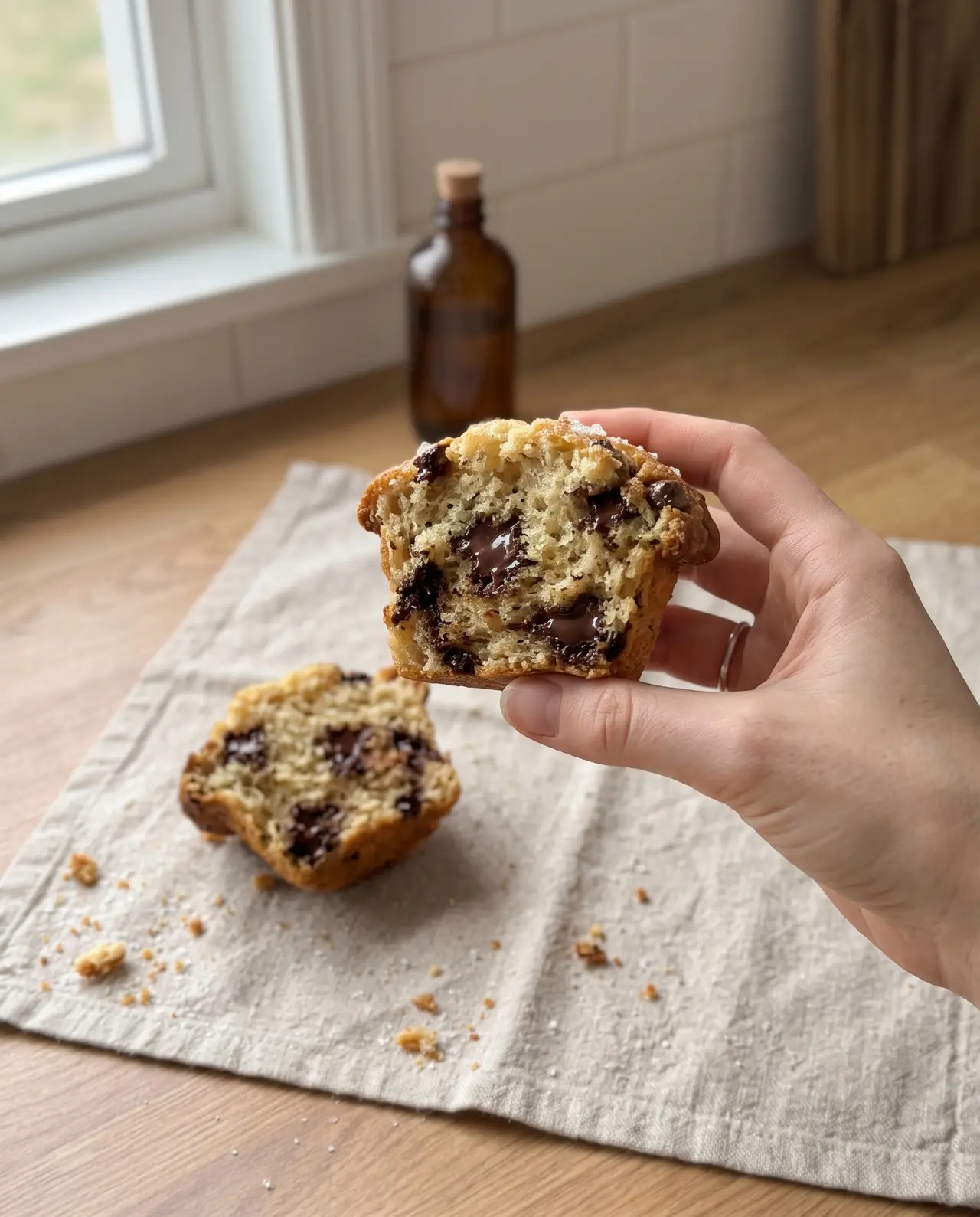 A warm chocolate chip muffin torn in half showing streaks of melted chocolate through the crumb