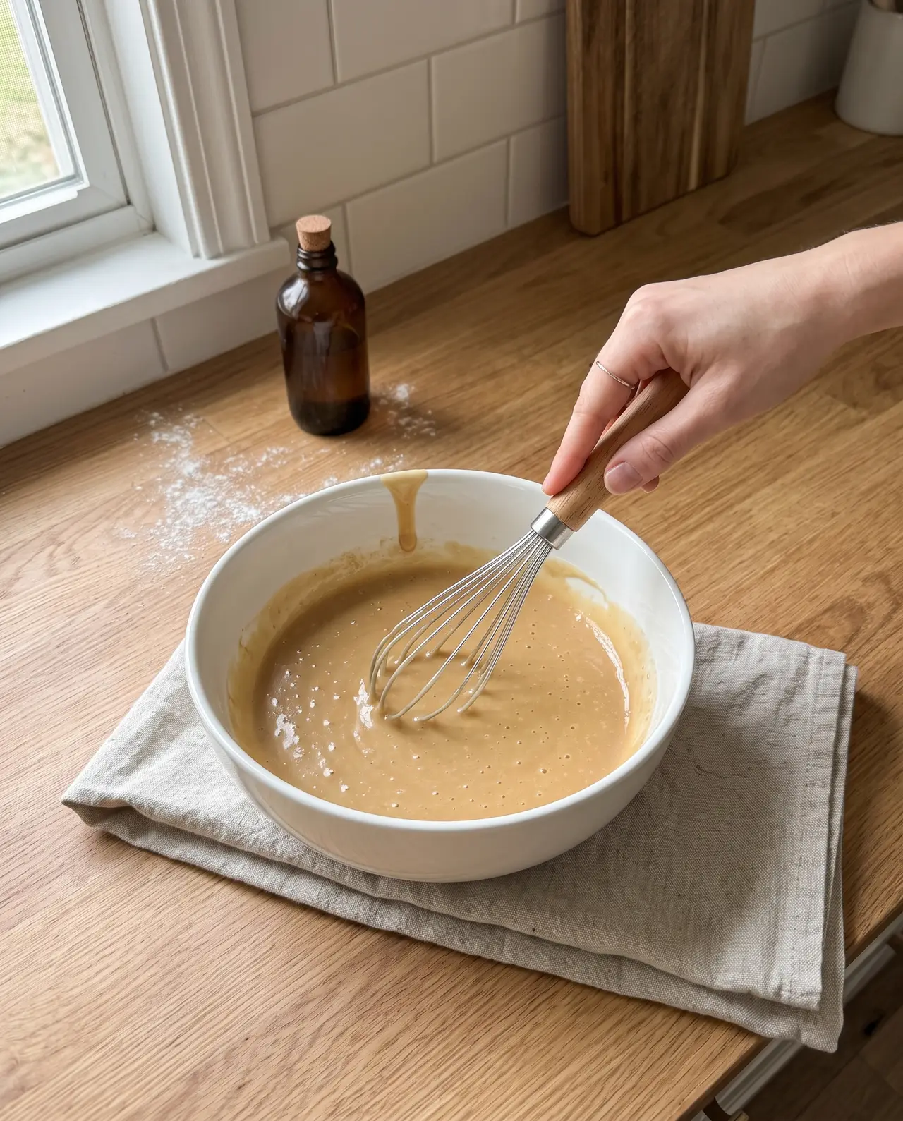 A glossy caramel-colored wet muffin mixture being whisked in a white bowl