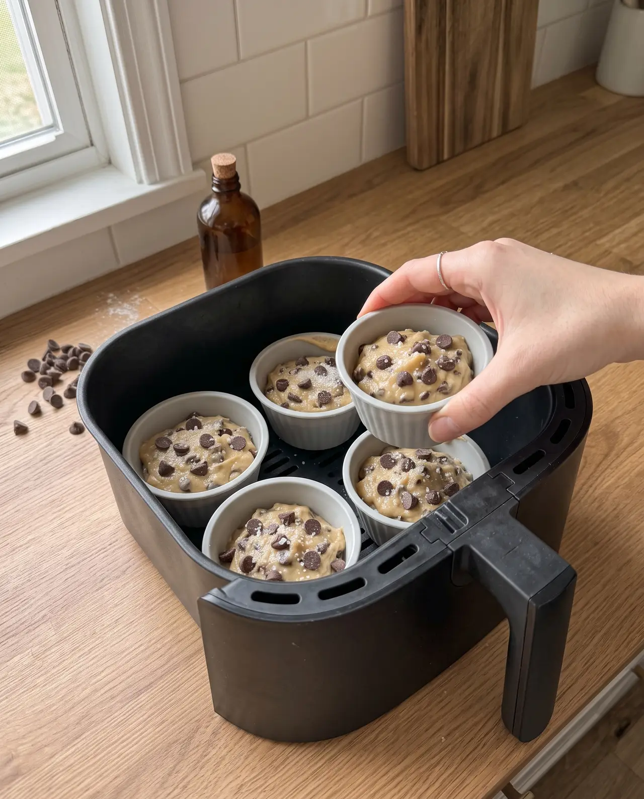 A hand lowering the last filled silicone cup into an air fryer basket alongside the others