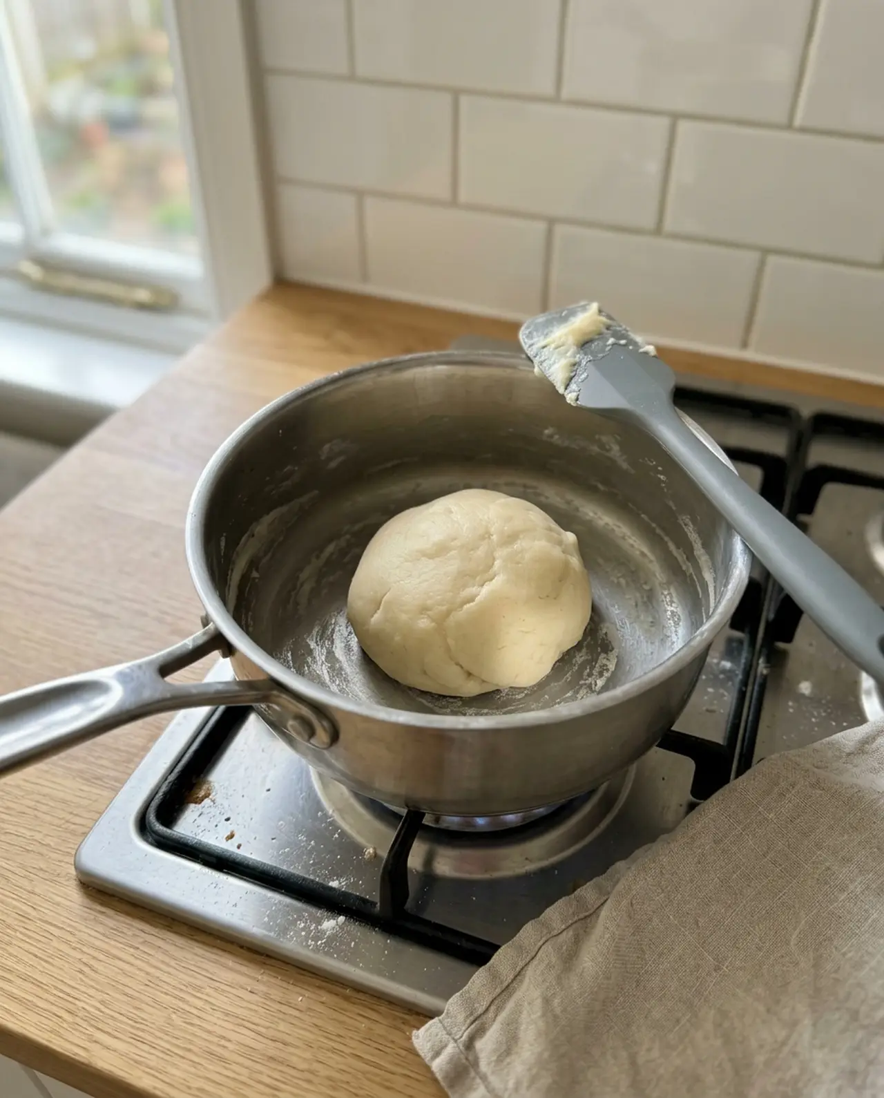 A smooth ball of churro choux paste pulled together in a stainless saucepan with a grey spatula resting on the rim