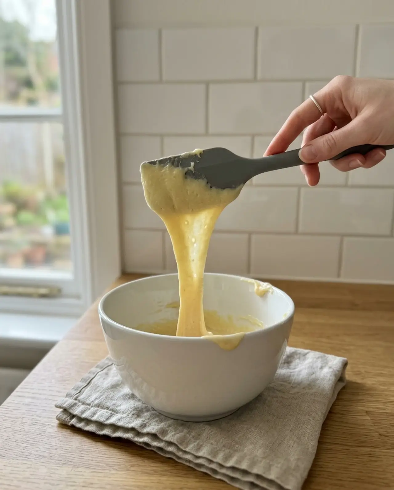 Churro dough falling from a raised spatula in a thick ribbon that hangs in a V shape over a white mixing bowl