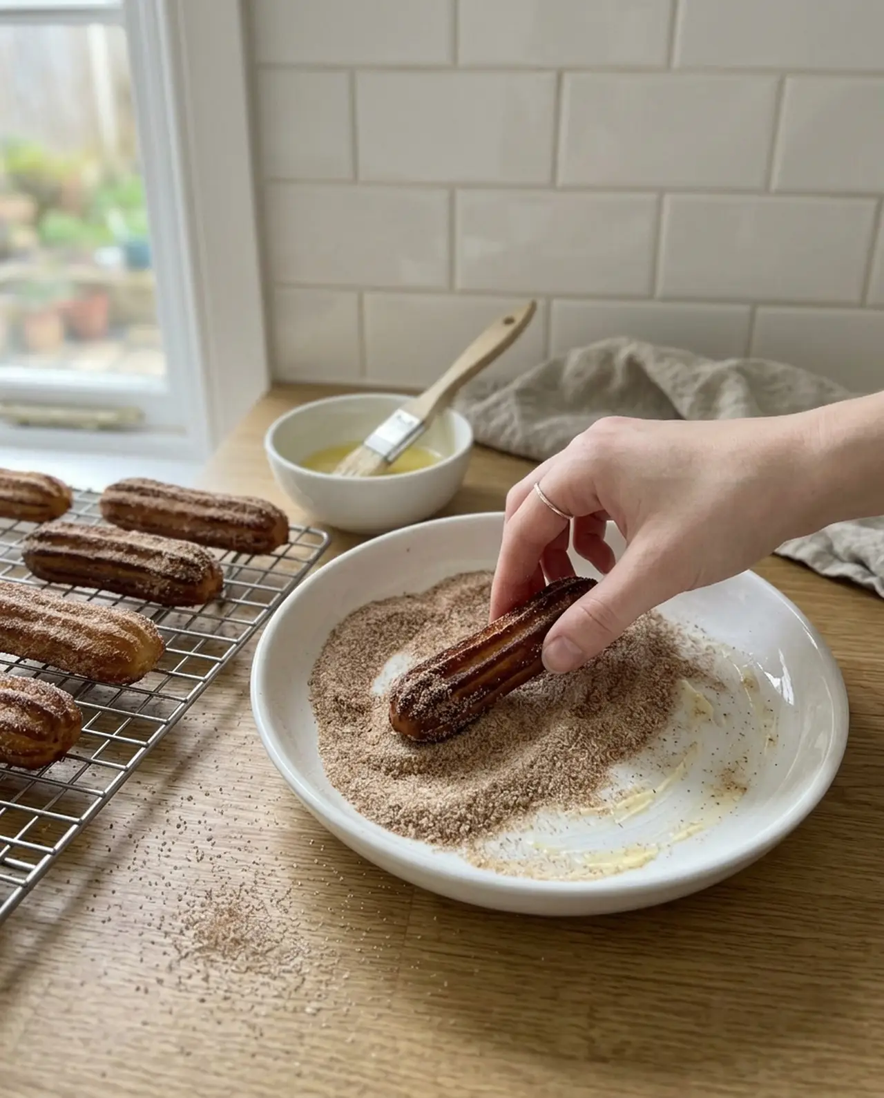 A hand rolling a hot buttered churro through a shallow dish of cinnamon sugar, with a bowl of melted butter and a brush behind and coated churros on a rack