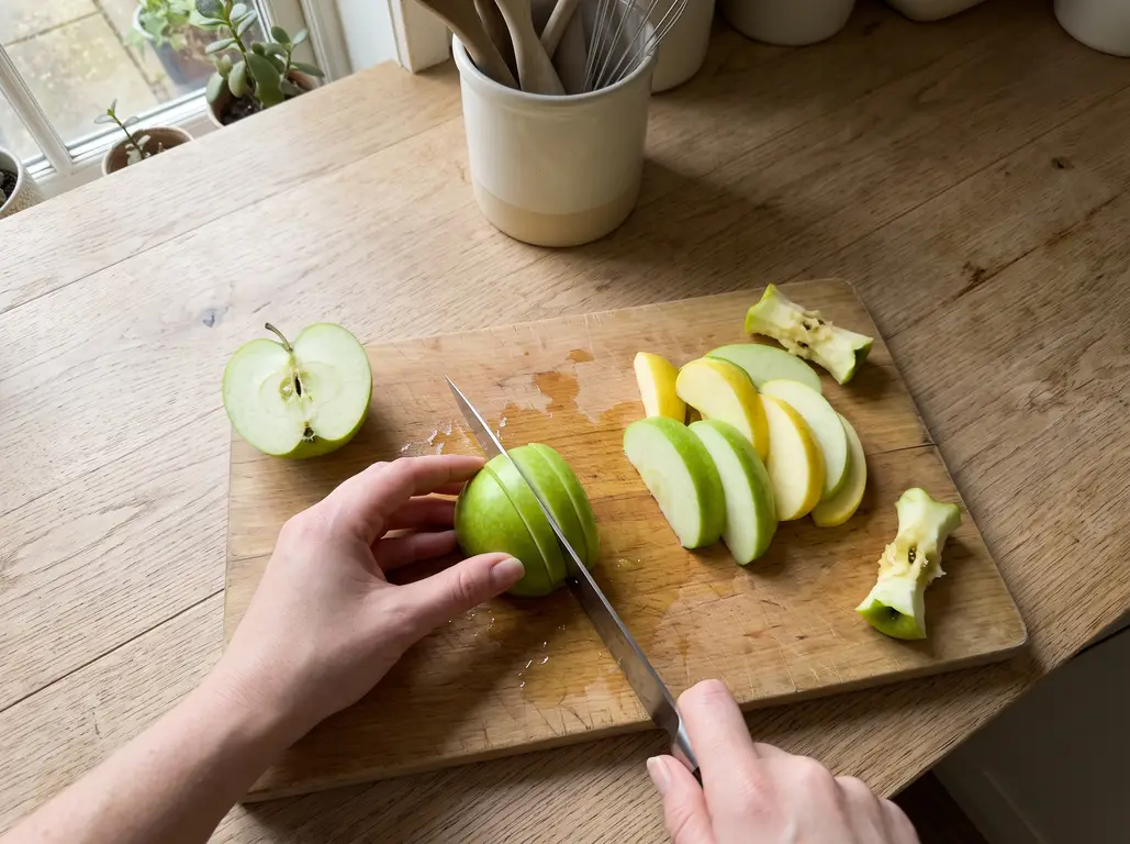 An apple cut into uniform 3/4 inch wedges on a cutting board