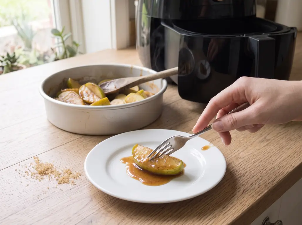 A fork lifting a whole cinnamon apple wedge that holds its shape at fork-tender