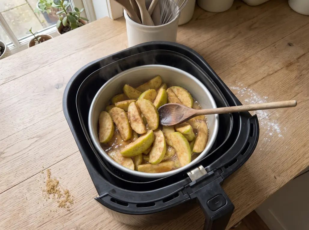 Stirring the apples halfway through the bake to baste them in the forming brown sugar sauce