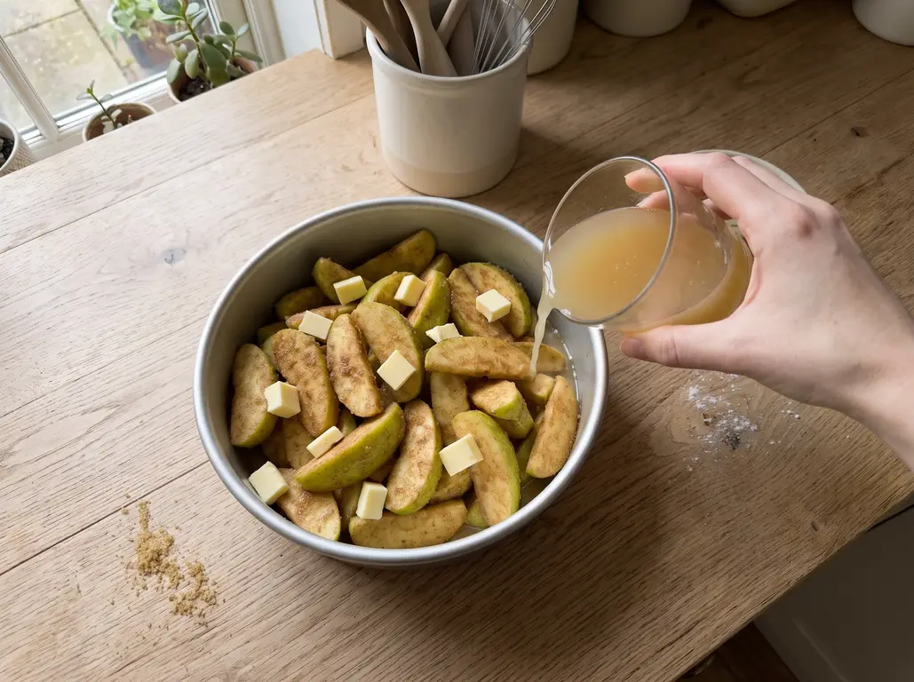 Apple wedges tossed with cinnamon sugar and cubed butter in a small metal pan ready for the air fryer