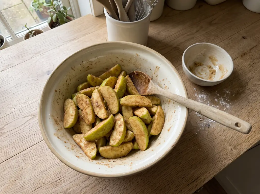 Apple wedges tossed with oil and cinnamon sugar for the crisp-edged basket method