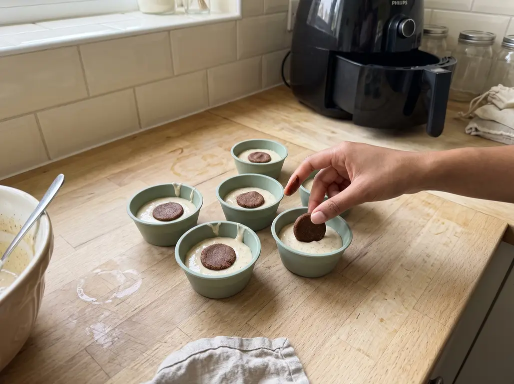 Layering a flattened coin of cinnamon paste between two layers of muffin batter in a silicone cup