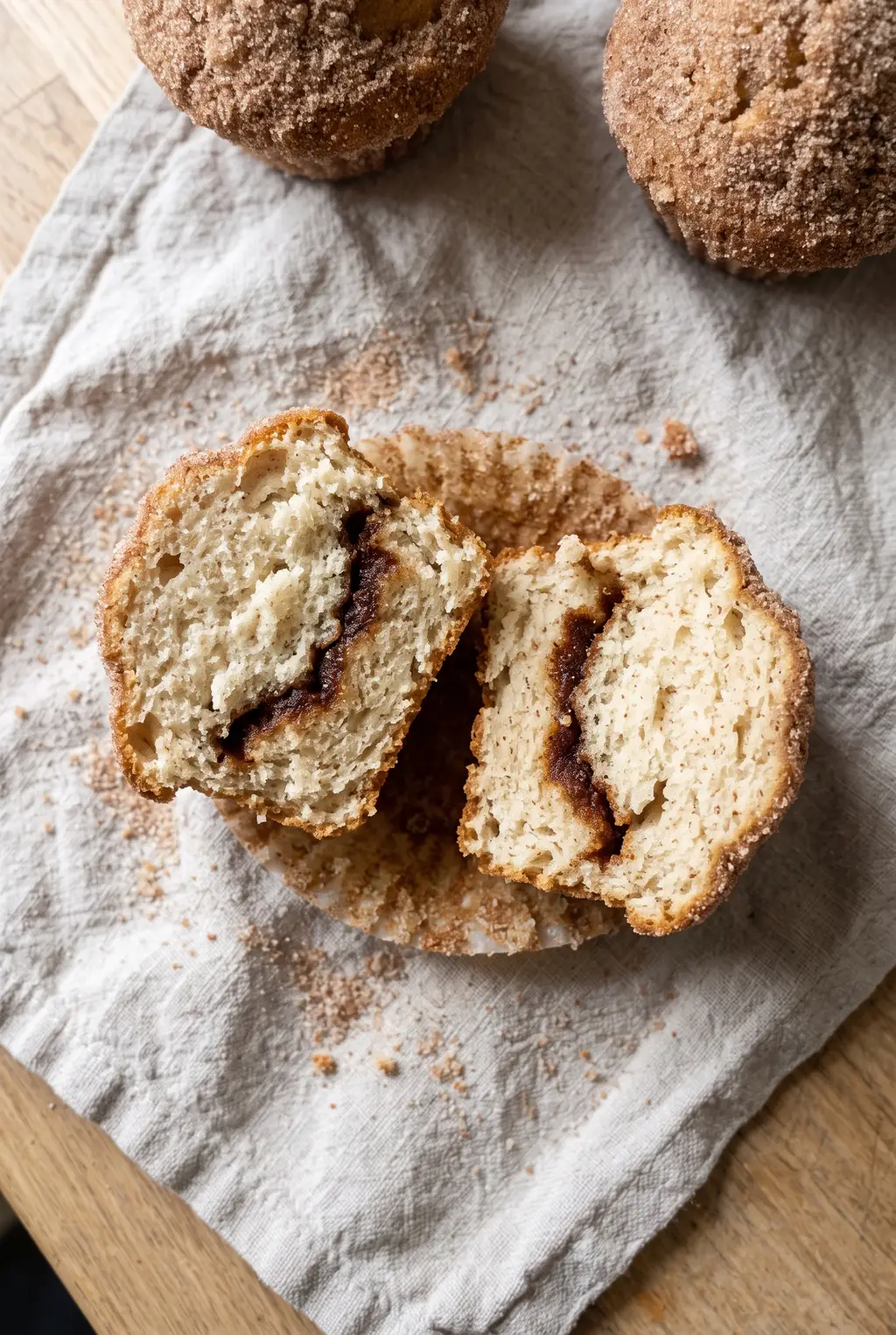 A cinnamon donut muffin split open to reveal the caramelized cinnamon ribbon running through the crumb