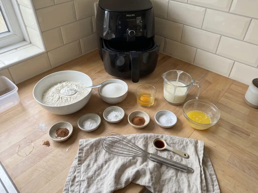 Ingredients for air fryer cinnamon donut muffins: flour, buttermilk, egg, butter, sugar, nutmeg and cinnamon laid out on a counter