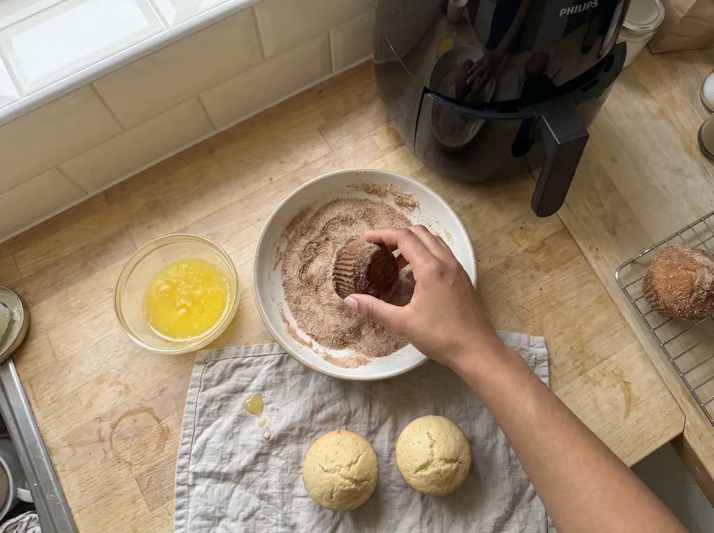 Rolling a warm muffin through cinnamon sugar after a dip in melted butter