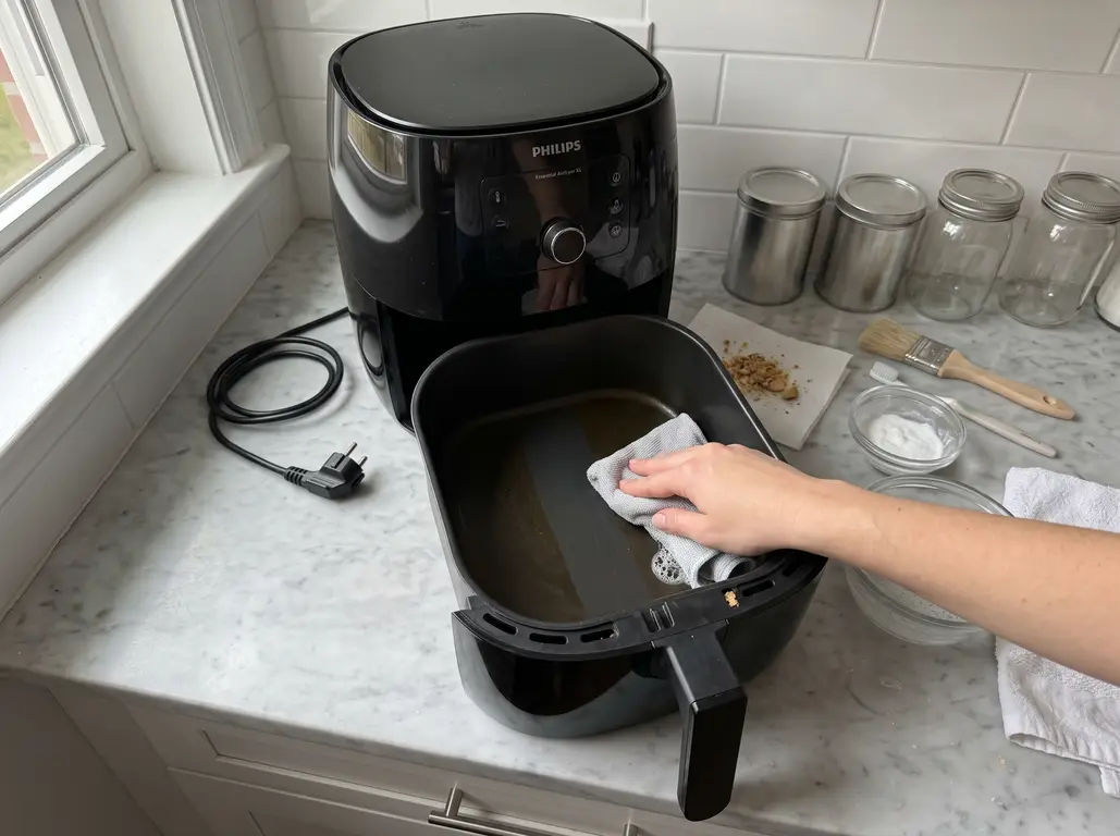 A hand wiping the inside of an air fryer drawer with a damp cloth