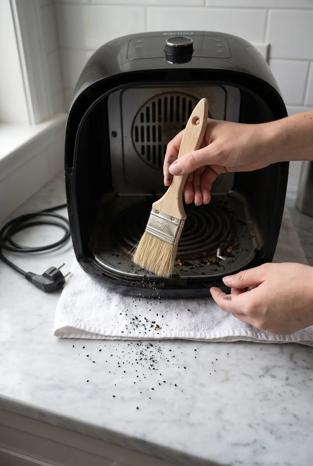 A hand dry brushing the heating element of an upside-down air fryer with a paintbrush, crumbs falling onto a towel