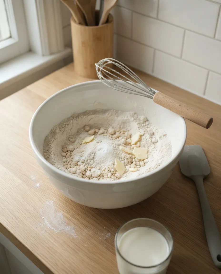 Flour with pea-sized pieces of cold butter cut in, in a white mixing bowl