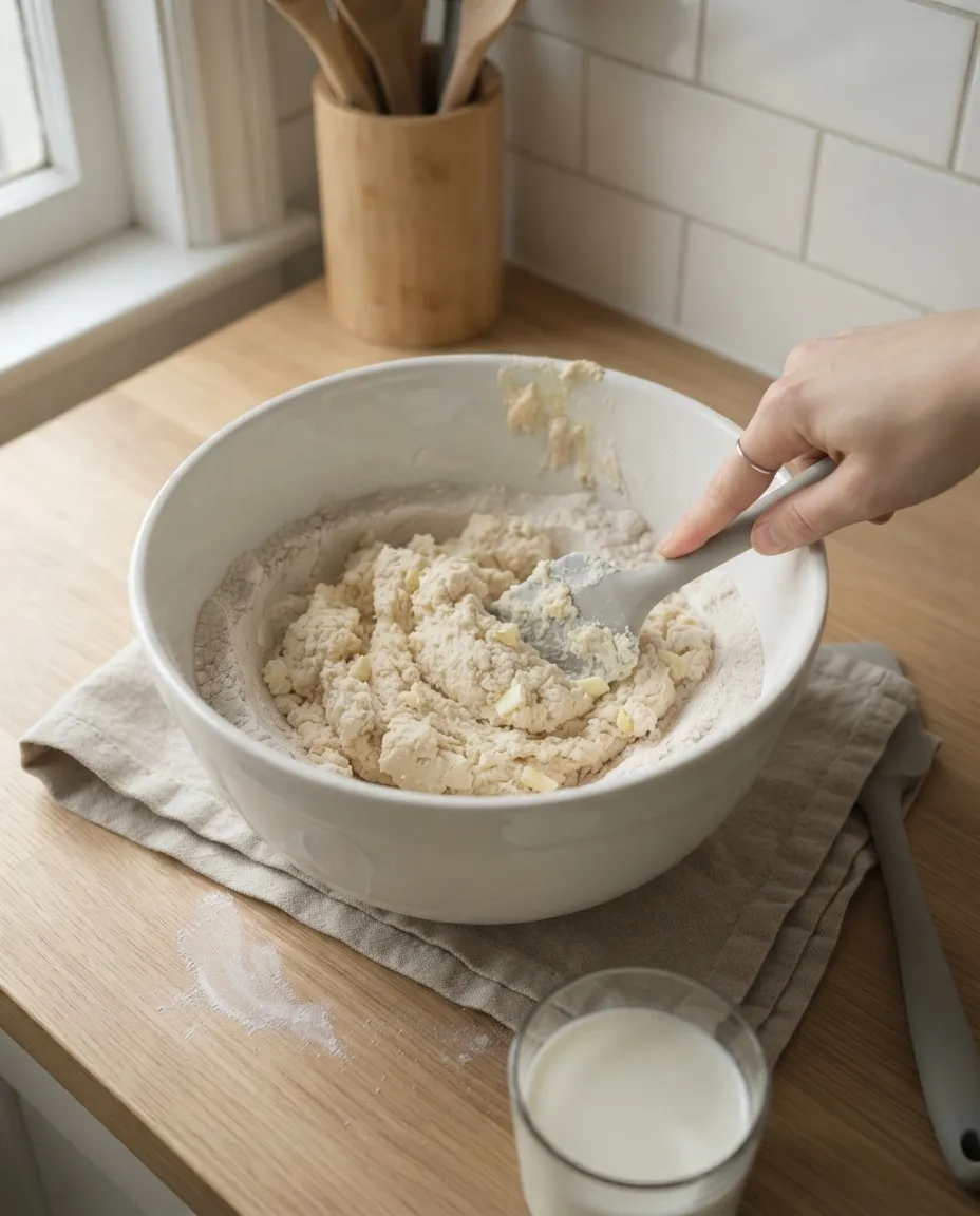 A spatula stirring shaggy biscuit dough with buttermilk in a white bowl