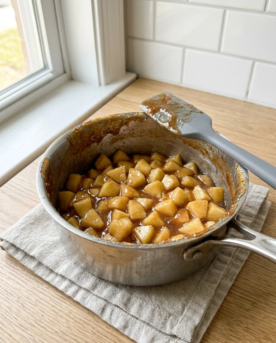 Cooked diced apple filling glossy with thickened cinnamon syrup in a small saucepan with a spatula resting on the rim