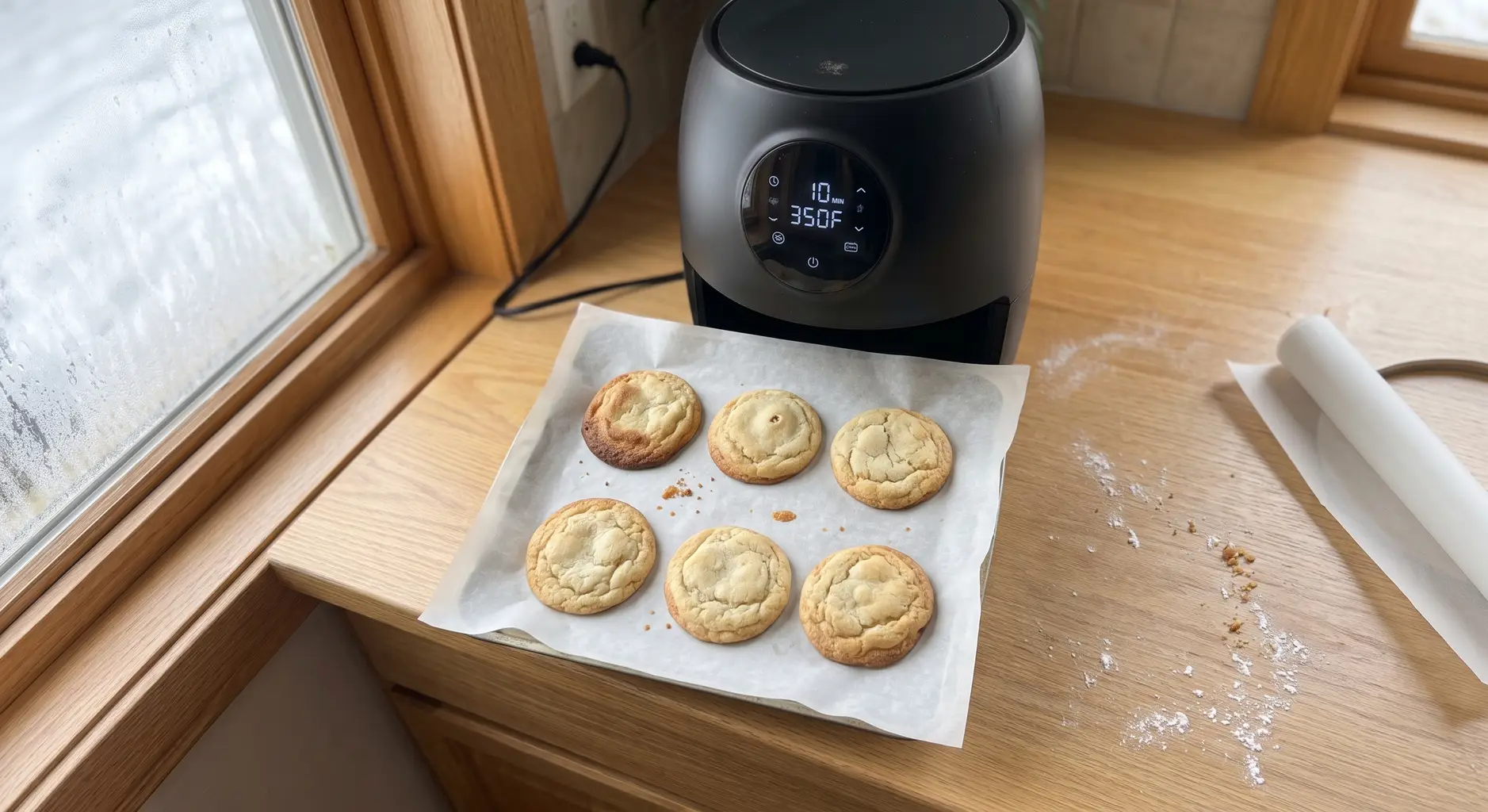 Cookies baked from frozen dough with golden edges resting on parchment