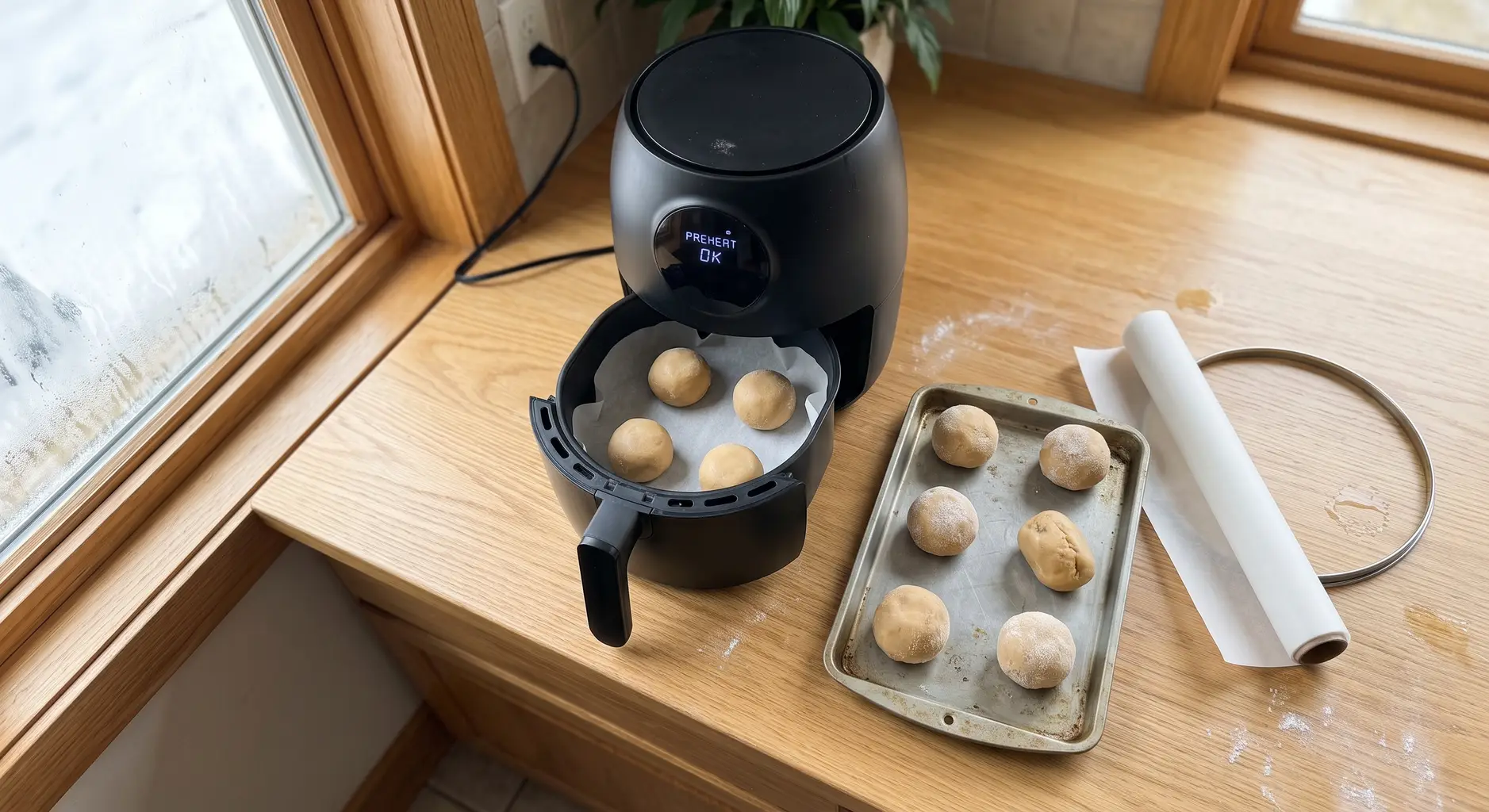 Frozen cookie dough balls spaced on parchment in an air fryer basket while the machine preheats